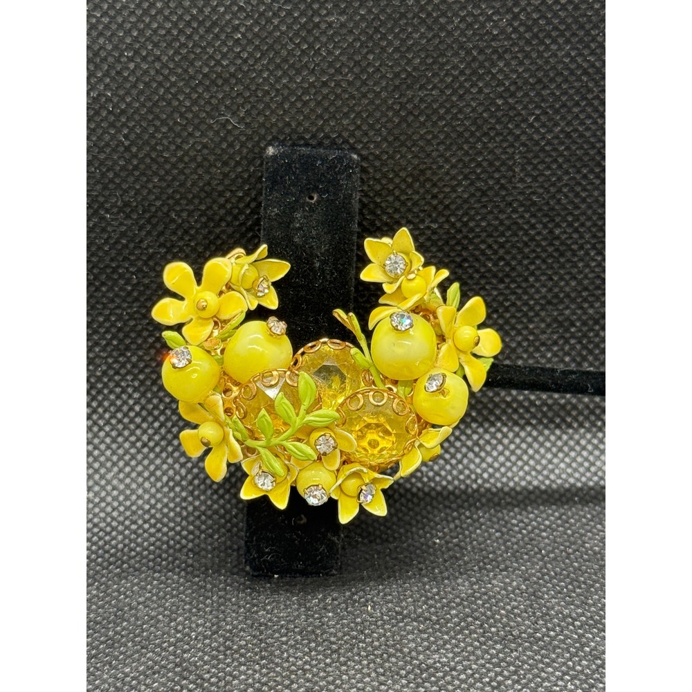 Vintage Yellow Enamel Flower Fruit Crescent Moon Brooch Rhinestone Gold Tone